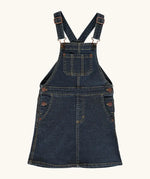 Maxomorra GOTS-certified organic cotton denim pinafore kids dress with front bib pocket, two side pockets and adjustable shoulder straps