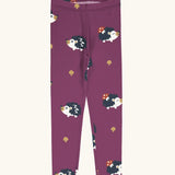 Maxomorra kids GOTS organic cotton leggings in purple with a repeating cute hedgehog print and elasticated waist band