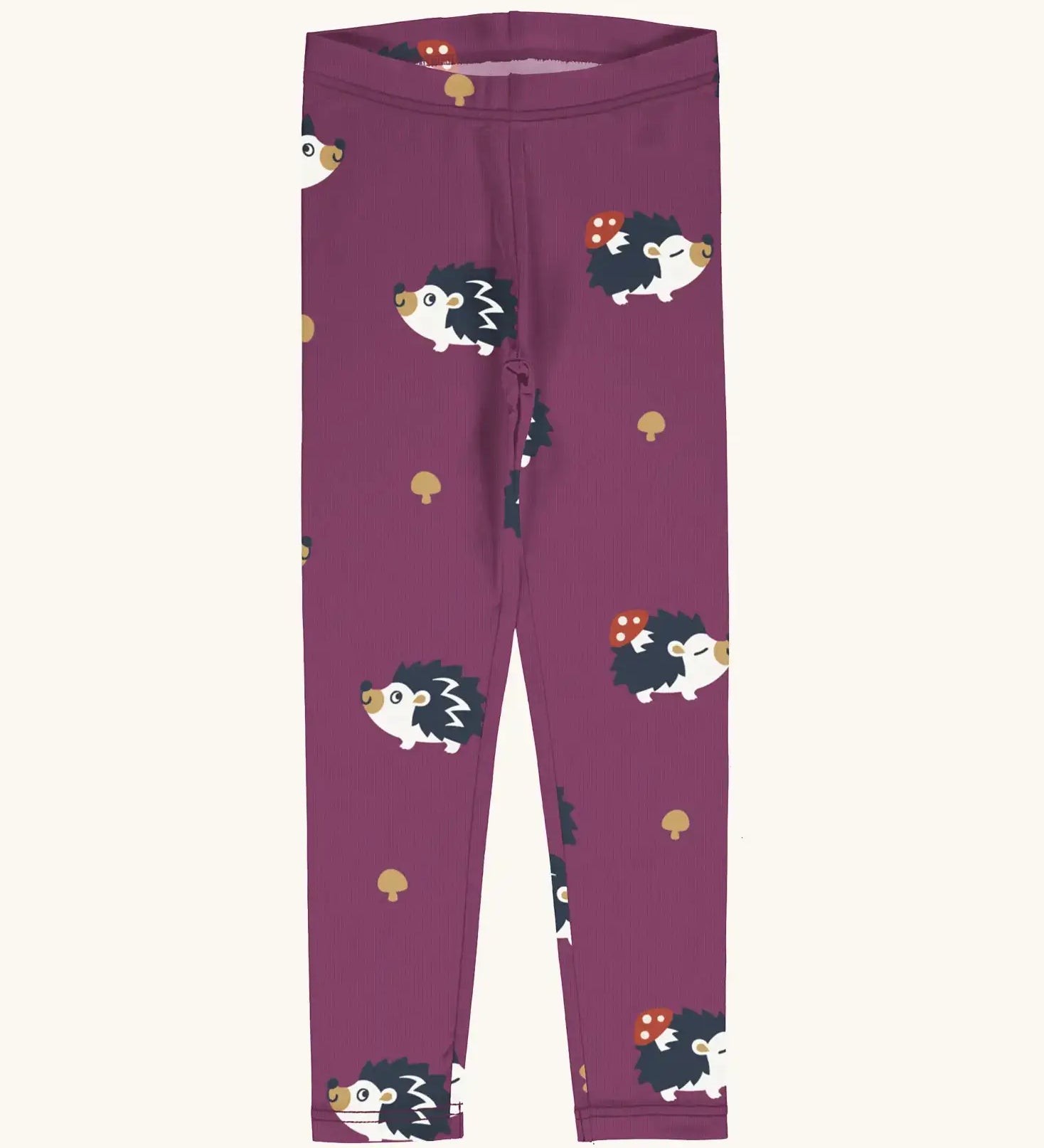 Maxomorra kids GOTS organic cotton leggings in purple with a repeating cute hedgehog print and elasticated waist band