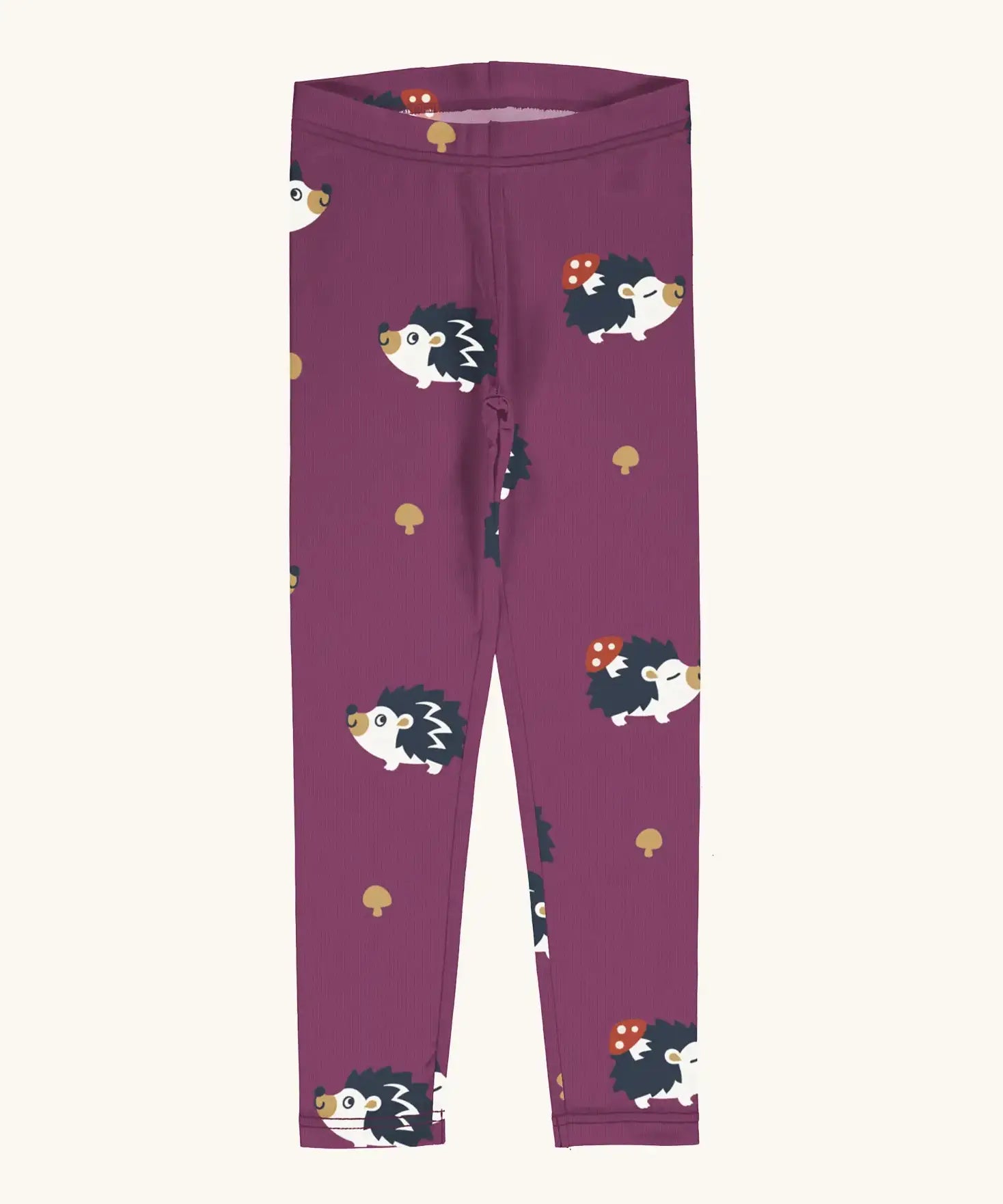 Maxomorra kids GOTS organic cotton leggings in purple with a repeating cute hedgehog print and elasticated waist band