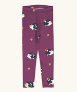 Maxomorra kids GOTS organic cotton leggings in purple with a repeating cute hedgehog print and elasticated waist band