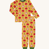 Maxomorra Organic Cotton Apple Long Sleeve Pyjama Set in mustard yellow fabric with red apple print, and green ankle cuffs