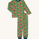 Maxomorra Organic Cotton Fox Long Sleeve Pyjama Set in green fabric with a fox print and navy ankle cuffs