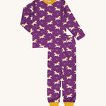 Maxomorra Organic Cotton Horse Long Sleeve Pyjama Set in purple fabric, with cream horse print and yellow ankle cuffs
