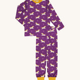 Maxomorra Organic Cotton Horse Long Sleeve Pyjama Set in purple fabric, with cream horse print and yellow ankle cuffs