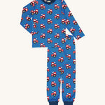 Maxomorra Tractor Long Sleeve Pyjama Set in blue fabric with red tractor print and navy ankle cuffs