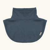 Maxomorra kids GOTS organic cotton jersey material neck warmer in navy with a stand up collar and curved panel for covering the upper chest