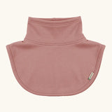 Maxomorra kids GOTS organic cotton jersey material neck warmer in solid pink with a stand up collar and curved panel for covering the upper chest