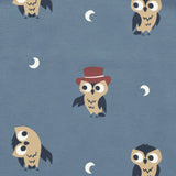 Maxomorra owl and moon print in blue, made from GOTS organic cotton.