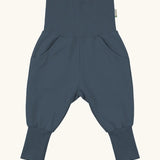 Maxomorra GOTS organic cotton waist sweat pants in navy. Features a elasticated waist band leg cuffs and side pockets