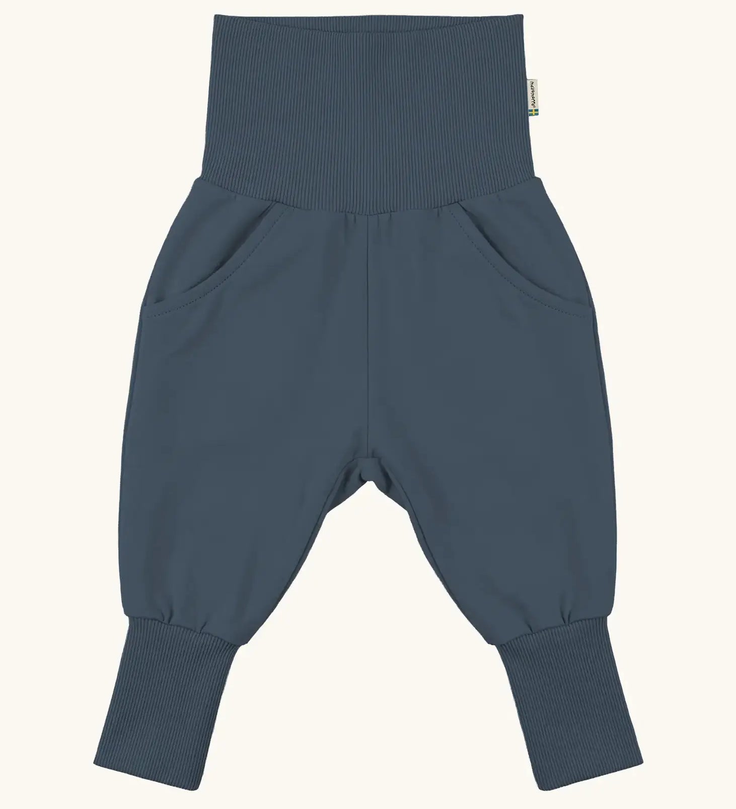 Maxomorra GOTS organic cotton waist sweat pants in navy. Features a elasticated waist band leg cuffs and side pockets