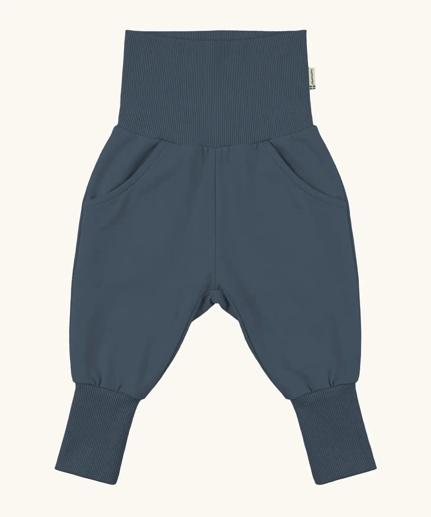 Maxomorra GOTS organic cotton waist sweat pants in navy. Features a elasticated waist band leg cuffs and side pockets