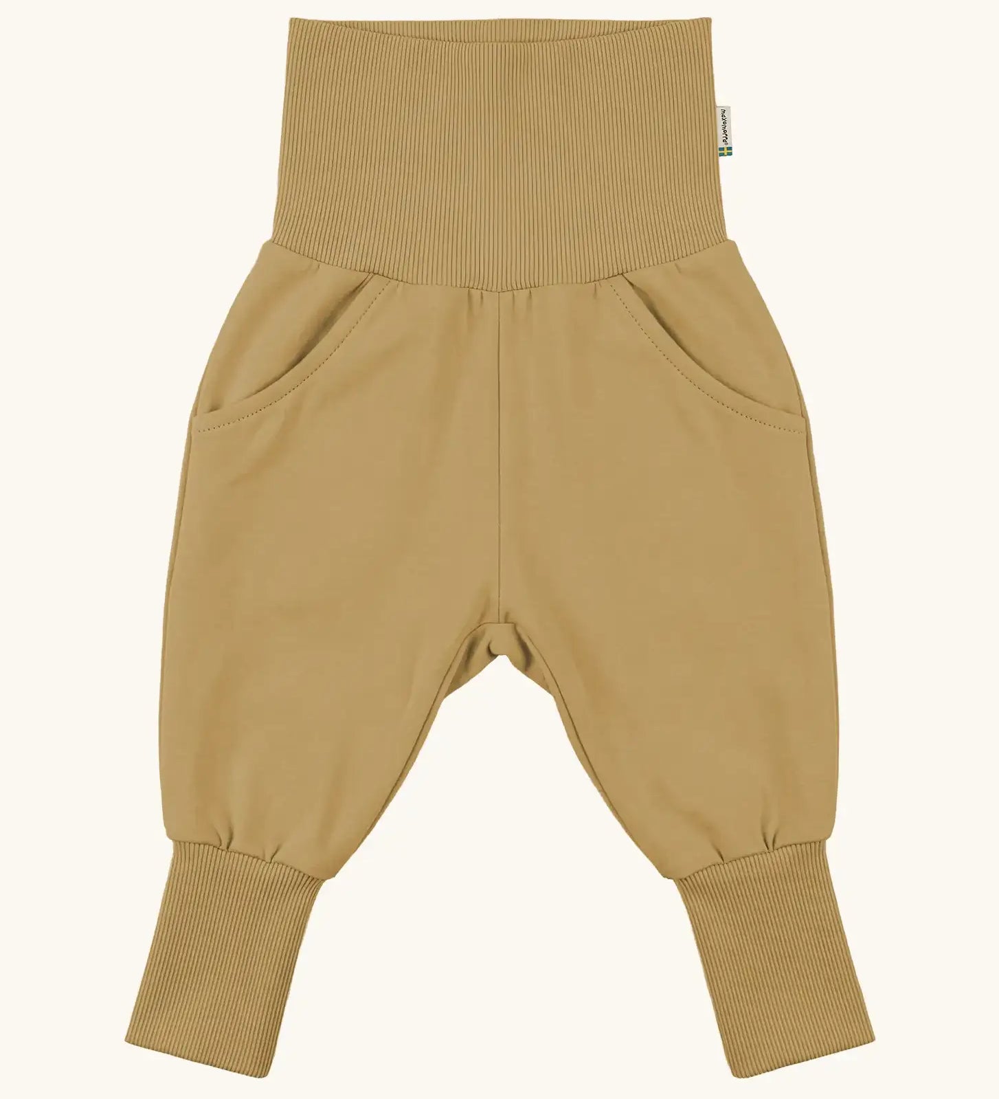 Maxomorra GOTS organic cotton waist sweat pants in mustard. Features a elasticated waist band leg cuffs and side pockets