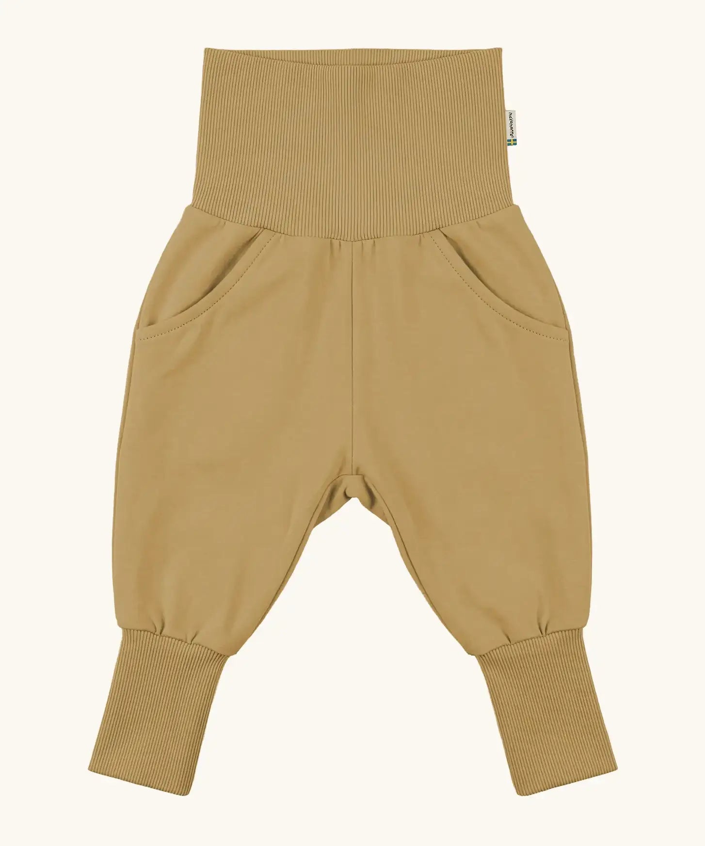 Maxomorra GOTS organic cotton waist sweat pants in mustard. Features a elasticated waist band leg cuffs and side pockets