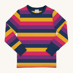 Maxomorra Organic Cotton Purple Stripes Long Sleeve Top in bold yellow, navy, purple and pink horizontal stripes