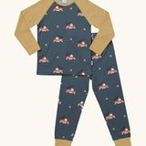 Maxomorra GOTS organic cotton pyjama set in navy with a repeating playful fire truck print. Includes a long sleeve top with mustard sleeves and bottoms