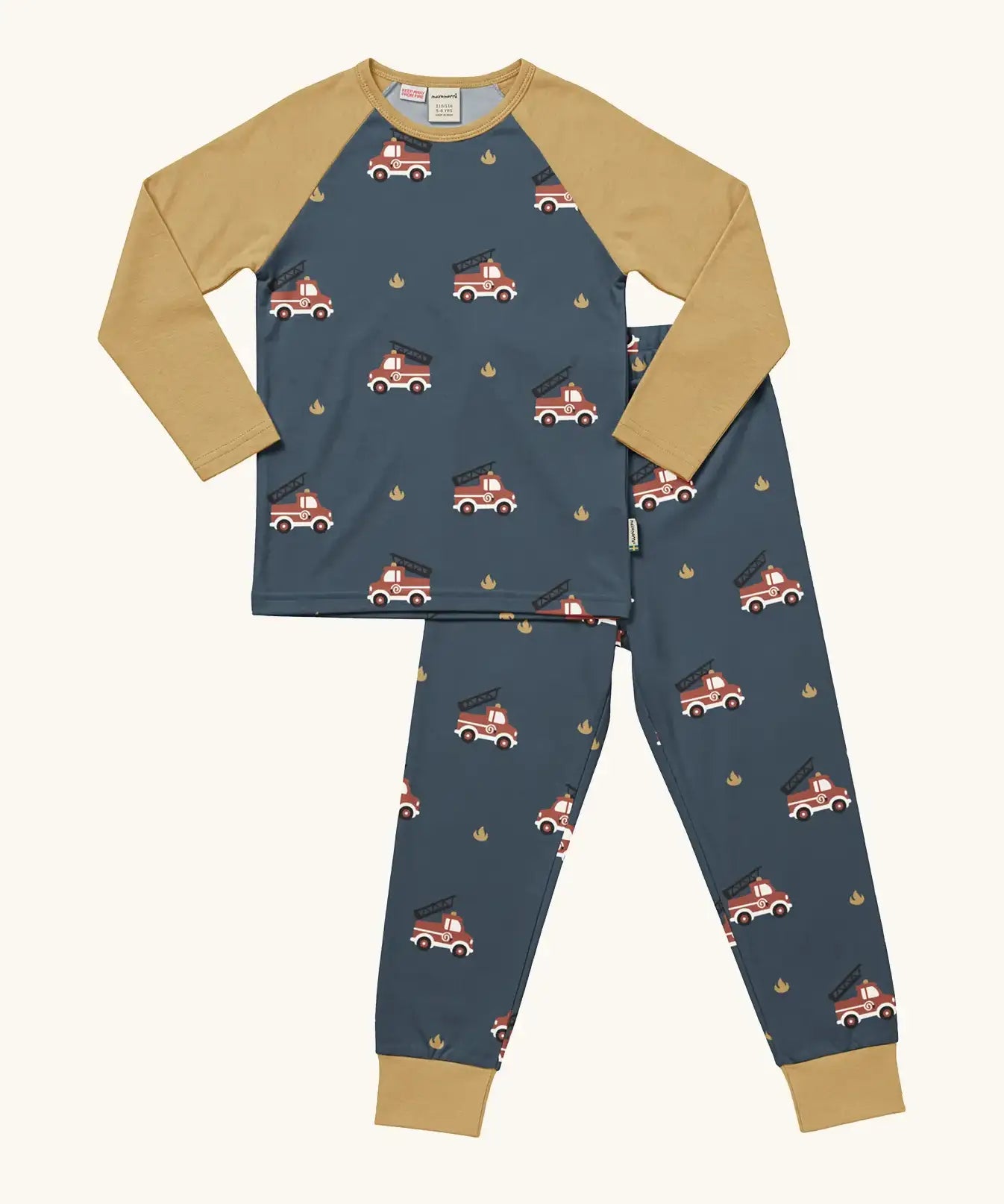 Maxomorra GOTS organic cotton pyjama set in navy with a repeating playful fire truck print. Includes a long sleeve top with mustard sleeves and bottoms