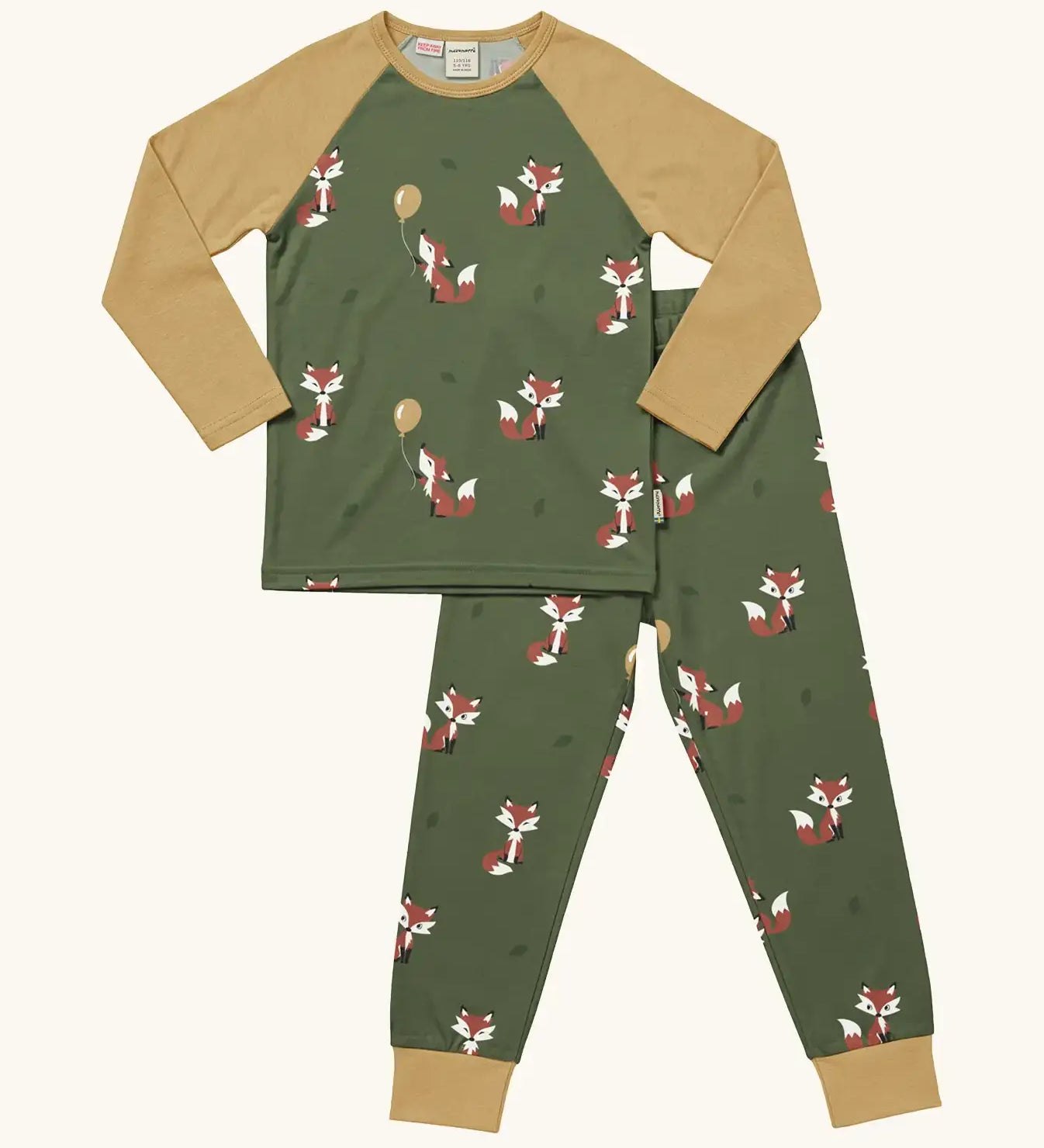 Maxomorra GOTS organic cotton pyjama set in green with a repeating cute fox print. Includes a long sleeve top with mustard sleeves and bottoms