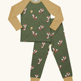 Maxomorra GOTS organic cotton pyjama set in green with a repeating cute fox print. Includes a long sleeve top with mustard sleeves and bottoms