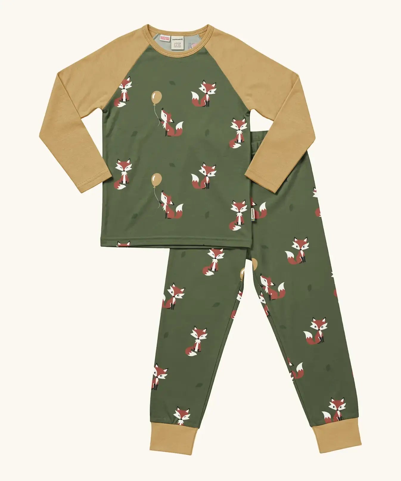 Maxomorra GOTS organic cotton pyjama set in green with a repeating cute fox print. Includes a long sleeve top with mustard sleeves and bottoms