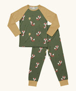 Maxomorra GOTS organic cotton pyjama set in green with a repeating cute fox print. Includes a long sleeve top with mustard sleeves and bottoms