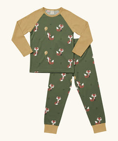 Maxomorra GOTS organic cotton pyjama set in green with a repeating cute fox print. Includes a long sleeve top with mustard sleeves and bottoms