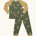Maxomorra GOTS organic cotton pyjama set in green with a repeating cute fox print. Includes a long sleeve top with mustard sleeves and bottoms