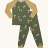 Maxomorra GOTS organic cotton pyjama set in green with a repeating cute fox print. Includes a long sleeve top with mustard sleeves and bottoms