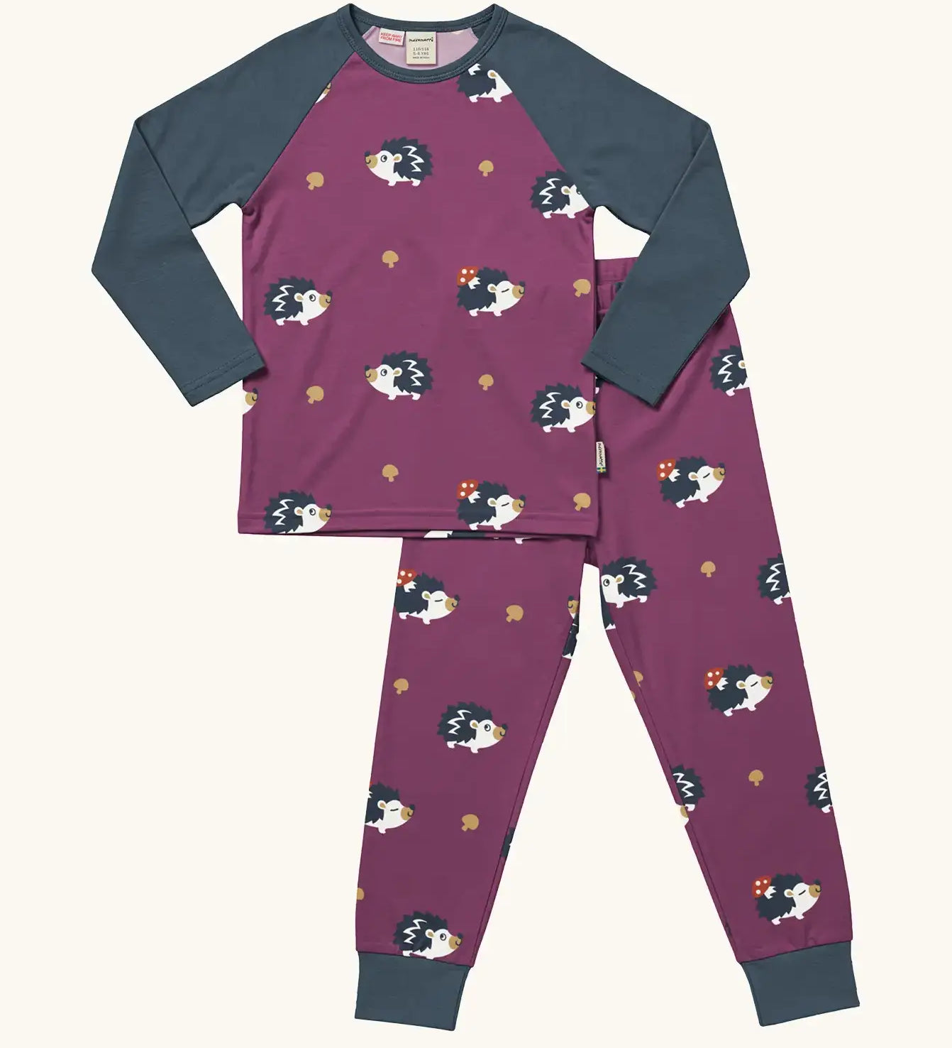 Maxomorra GOTS organic cotton pyjama set in purple with a repeating cute hedgehog print. Includes a long sleeve top with navy sleeves and bottoms