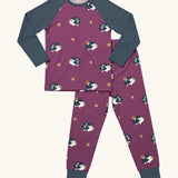 Maxomorra GOTS organic cotton pyjama set in purple with a repeating cute hedgehog print. Includes a long sleeve top with navy sleeves and bottoms