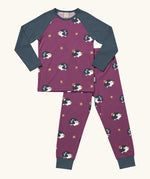 Maxomorra GOTS organic cotton pyjama set in purple with a repeating cute hedgehog print. Includes a long sleeve top with navy sleeves and bottoms