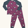 Maxomorra GOTS organic cotton pyjama set in purple with a repeating cute hedgehog print. Includes a long sleeve top with navy sleeves and bottoms