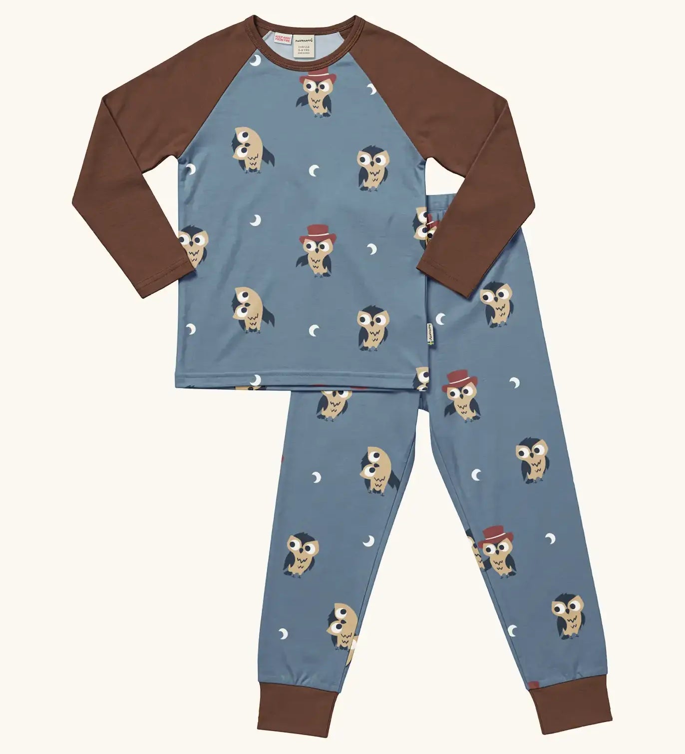 Maxomorra GOTS organic cotton pyjama set in blue with a repeating cute owl print. Includes a long sleeve top with brown sleeves and bottoms