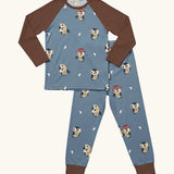 Maxomorra GOTS organic cotton pyjama set in blue with a repeating cute owl print. Includes a long sleeve top with brown sleeves and bottoms