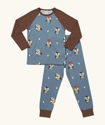 Maxomorra GOTS organic cotton pyjama set in blue with a repeating cute owl print. Includes a long sleeve top with brown sleeves and bottoms