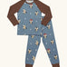 Maxomorra GOTS organic cotton pyjama set in blue with a repeating cute owl print. Includes a long sleeve top with brown sleeves and bottoms