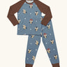 Maxomorra GOTS organic cotton pyjama set in blue with a repeating cute owl print. Includes a long sleeve top with brown sleeves and bottoms