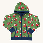 Maxomorra Organic Cotton Fox Reversible Zip Hoodie in green fabric with a fox print, navy piping, navy wrist cuffs and waist band, and a navy inner