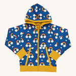 Maxomorra Organic Cotton Rainbow Reversible Zip Hoodie in blue fabric with colourful rainbow print, yellow piping, yellow wrist cuffs and waist band, and a yellow inner