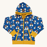 Maxomorra Organic Cotton Rainbow Reversible Zip Hoodie in blue fabric with colourful rainbow print, yellow piping, yellow wrist cuffs and waist band, and a yellow inner