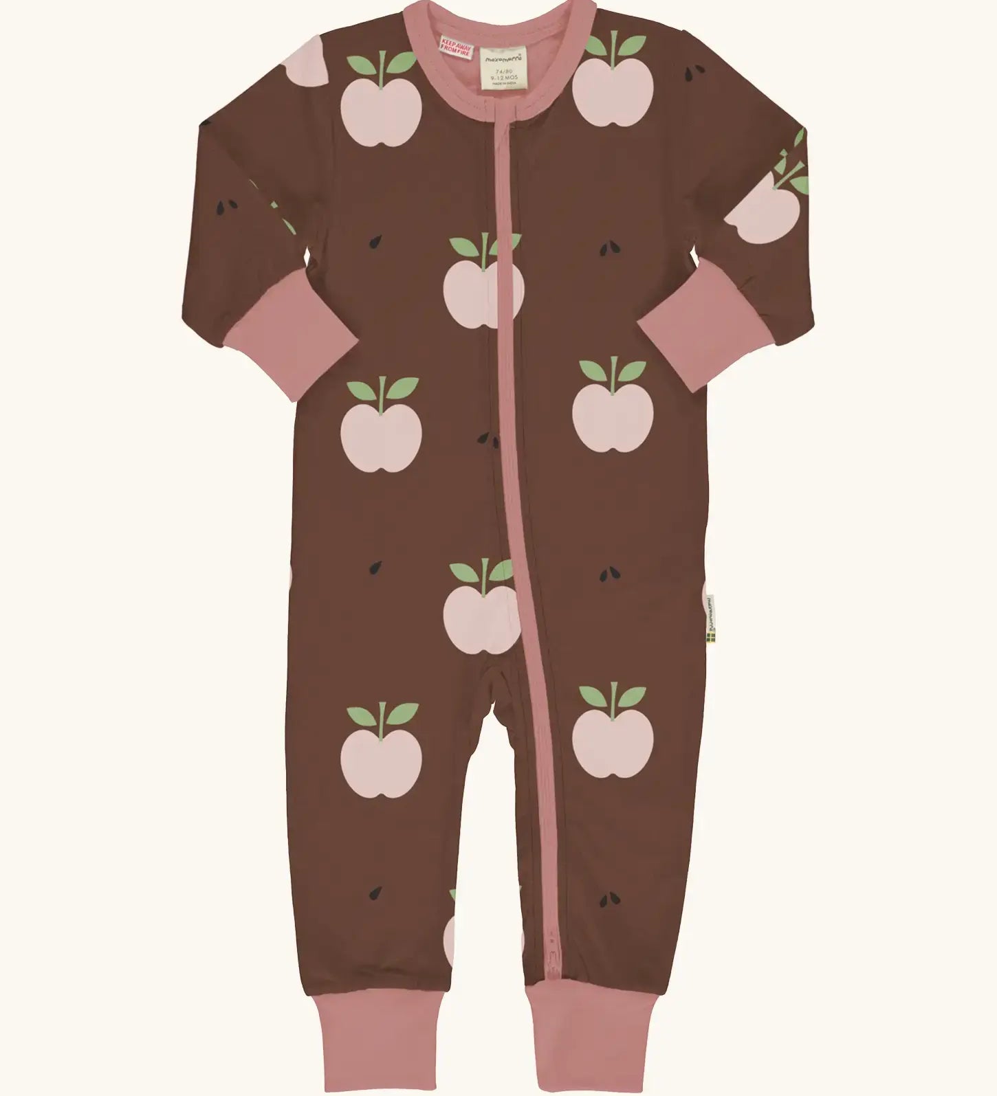 Maxomorra GOTS organic cotton baby long sleeve rompersuit in brown with a cute repeating apple print and a pink neck, cuffs and full front zip fastener