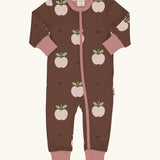 Maxomorra GOTS organic cotton baby long sleeve rompersuit in brown with a cute repeating apple print and a pink neck, cuffs and full front zip fastener