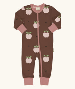 Maxomorra GOTS organic cotton baby long sleeve rompersuit in brown with a cute repeating apple print and a pink neck, cuffs and full front zip fastener