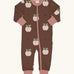 Maxomorra GOTS organic cotton baby long sleeve rompersuit in brown with a cute repeating apple print and a pink neck, cuffs and full front zip fastener