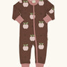 Maxomorra GOTS organic cotton baby long sleeve rompersuit in brown with a cute repeating apple print and a pink neck, cuffs and full front zip fastener