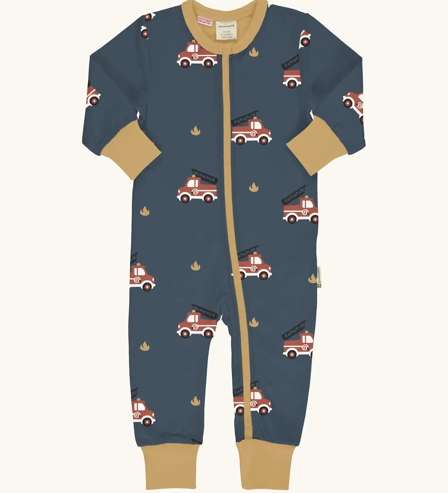 Maxomorra GOTS organic cotton baby long sleeve rompersuit in navy with a playful repeating fire truck print, mustard neck, cuffs and full front zip fastener