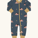 Maxomorra GOTS organic cotton baby long sleeve rompersuit in navy with a playful repeating fire truck print, mustard neck, cuffs and full front zip fastener