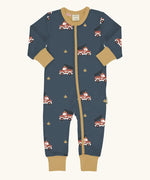 Maxomorra GOTS organic cotton baby long sleeve rompersuit in navy with a playful repeating fire truck print, mustard neck, cuffs and full front zip fastener