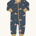 Maxomorra GOTS organic cotton baby long sleeve rompersuit in navy with a playful repeating fire truck print, mustard neck, cuffs and full front zip fastener