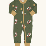 Maxomorra GOTS organic cotton baby long sleeve rompersuit in green with a cute repeating fox print, mustard neck, cuffs and full front zip fastener